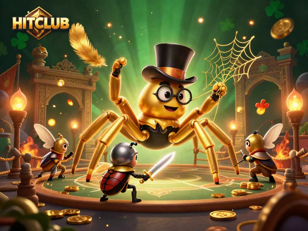 Engage in HITCLUB casino excitement with a golden tarantula and beetle knight in an epic scene.