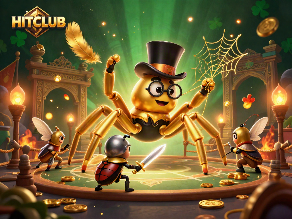 Engage in HITCLUB casino excitement with a golden tarantula and beetle knight in an epic scene.