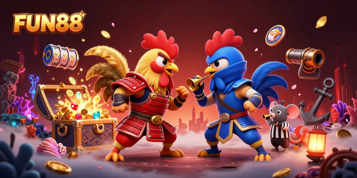 Engage in thrilling games at FUN88 with dynamic roosters and casino elements in a vibrant scene.