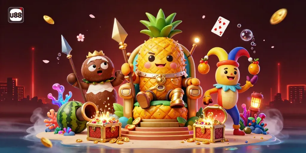 Experience thrilling wins at u88 with a vibrant 3D casino scene featuring a golden pineapple king and treasure chests.