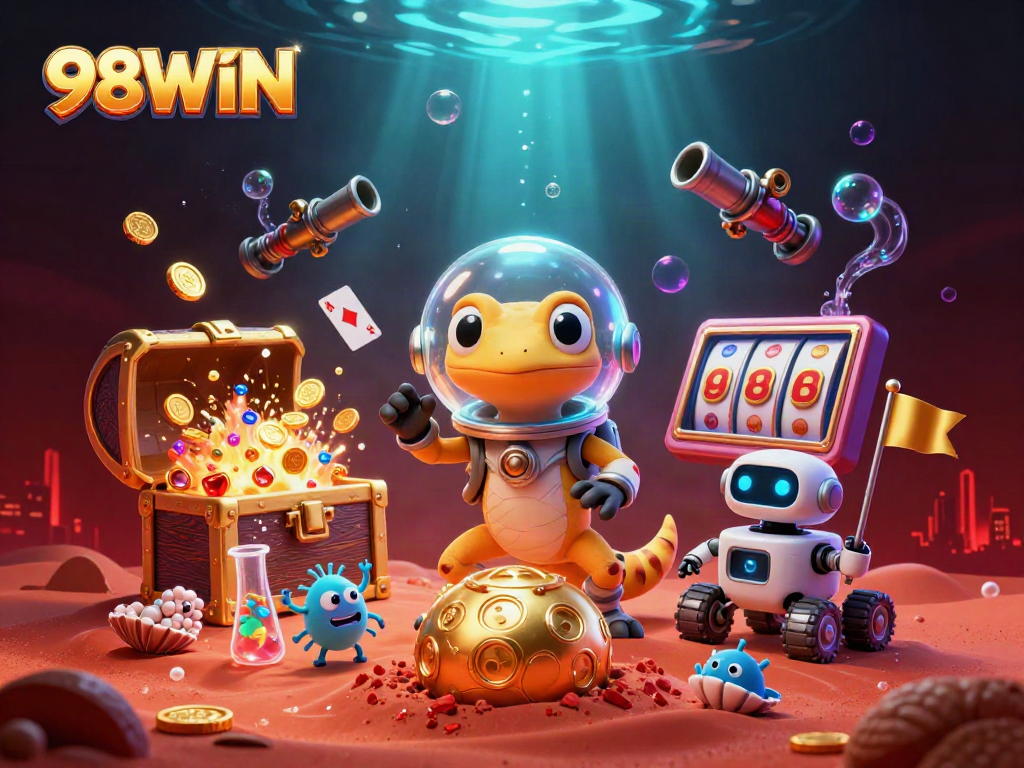 Experience the captivating world of 98WIN with a 3D Martian gecko uncovering a golden casino amidst vibrant gambling elements.