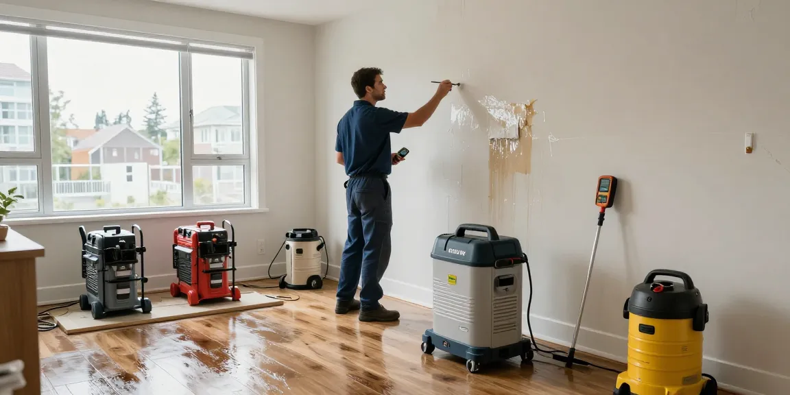 Water Damage Restoration West Vancouver emergency service technician assessing water damage with advanced equipment in a home