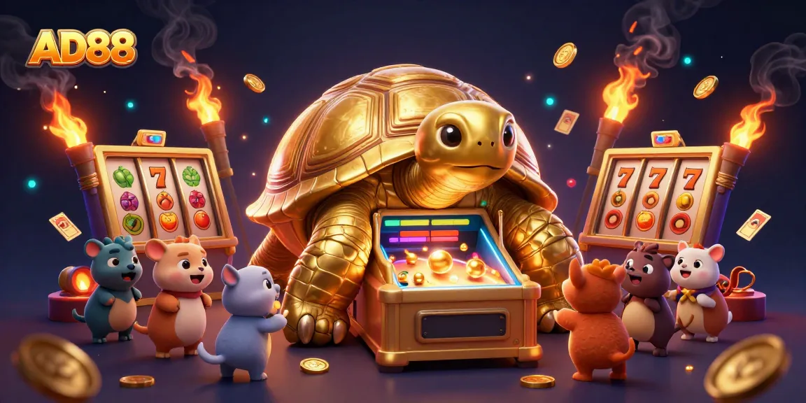Experience thrilling luck at AD88 with a vibrant casino-themed illustration featuring engaging slot reels.