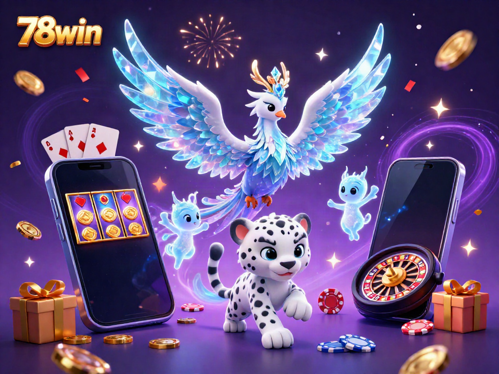 Engage in thrilling gaming action with the vibrant 78win casino illustration depicting a magical scene filled with entertainment.