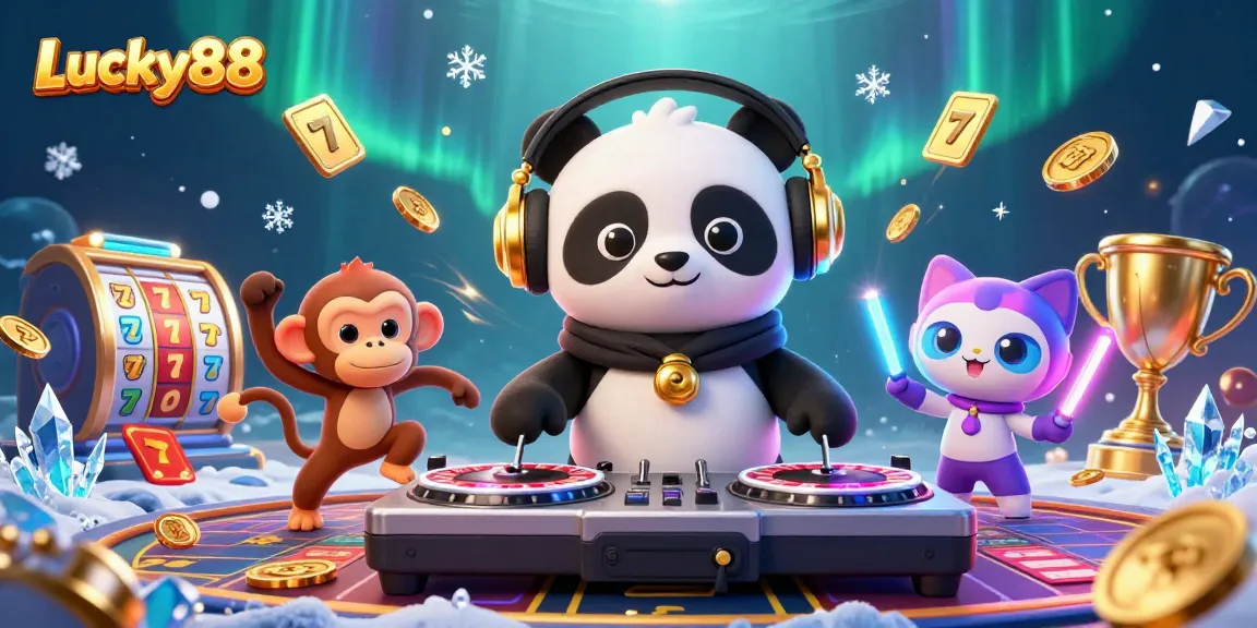 Engage with Lucky88's vibrant casino experience featuring animated characters spinning slots.