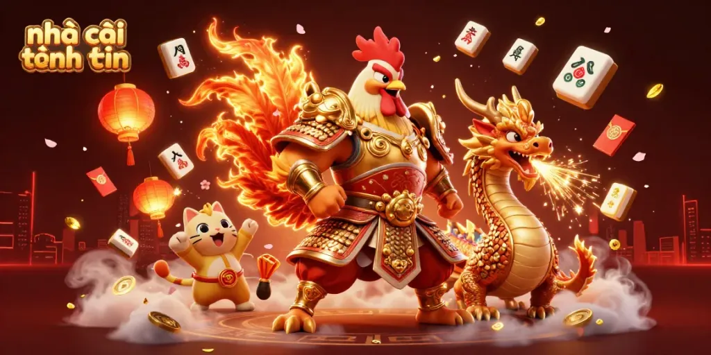 Experience the thrill of online gambling with nhà cái tặng tiền, showcasing vibrant characters and festive elements.