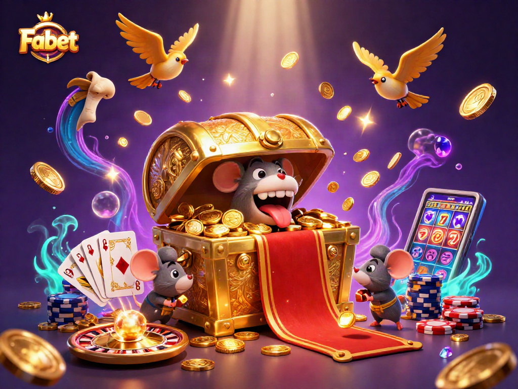 Fabet offers thrilling gaming experiences with rich visuals of treasure, coins, and casino elements.