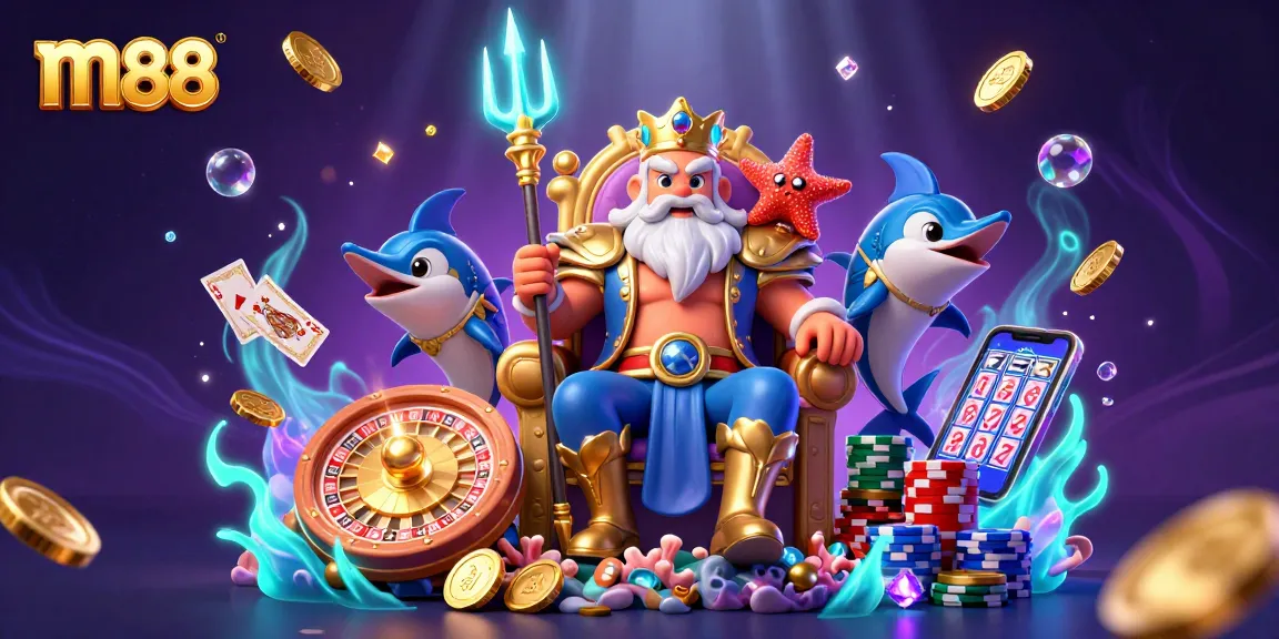 Experience thrilling moments at m88 with Neptune and wild gaming elements in a dazzling casino scene.