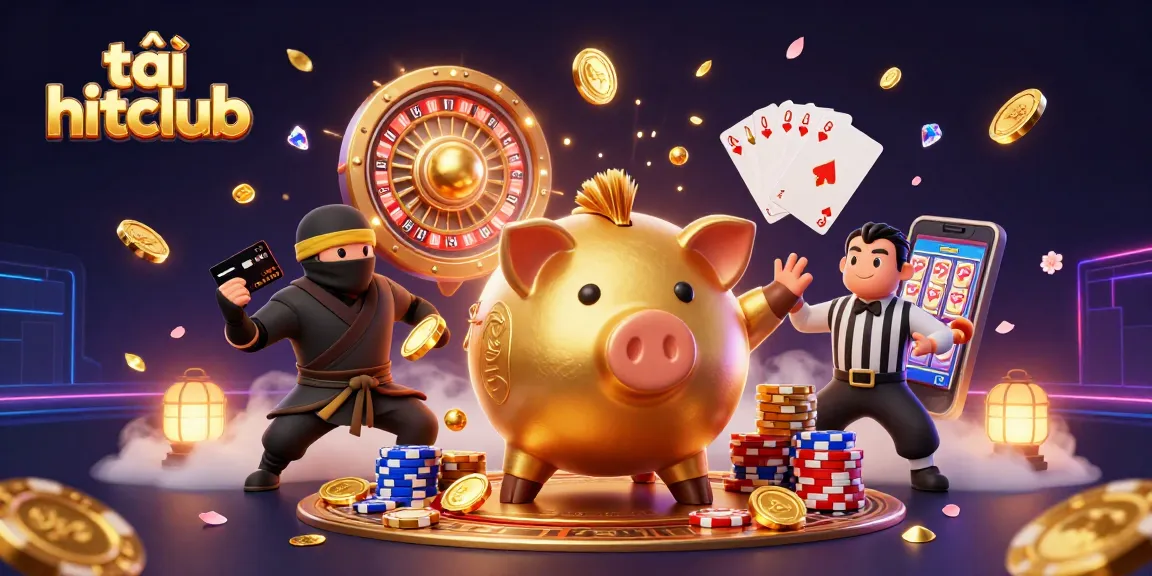 Engage in thrilling gameplay at tải hitclub with dynamic characters and cascading coins in a vibrant casino scene.