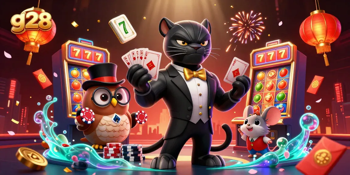 Play g28 slots with stylish characters in a vibrant 3D casino scene of luck and excitement.
