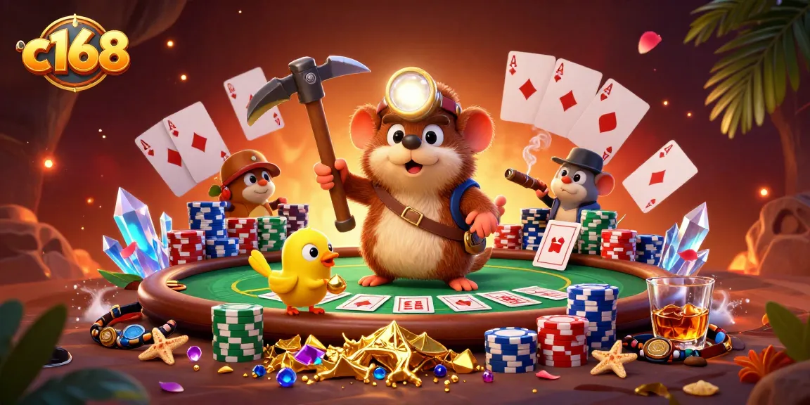 Engage with c168 casino thrills as you witness a treasure hunter mole gather riches amidst a vibrant poker scene.