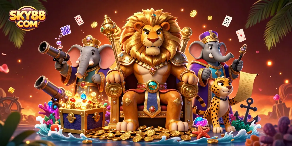 Experience the thrill of gambling at SKY88 COM with a lively casino scene featuring a lion king and treasure.