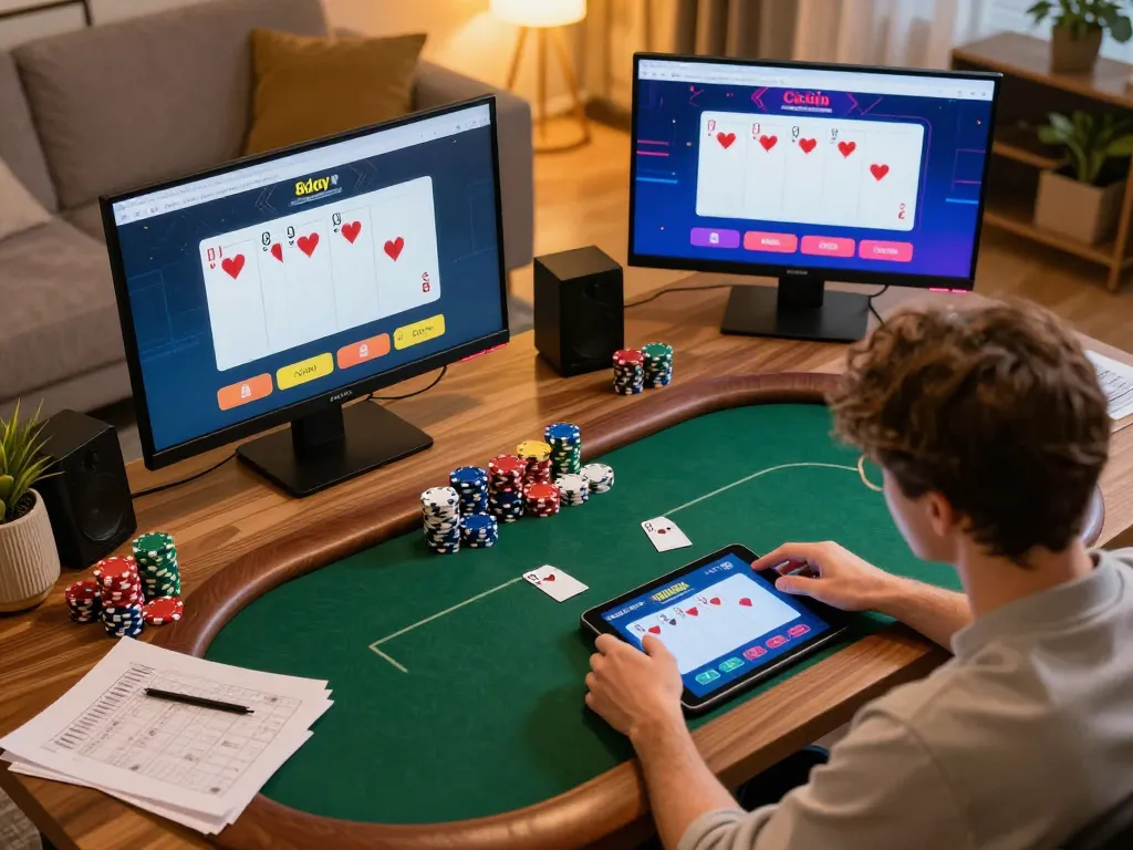 Player enjoys thrilling poker gameplay on 8day app in a cozy home environment.