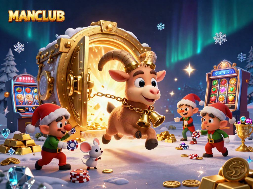 Engage in thrilling casino action with MANCLUB's festive characters in a lively holiday environment.
