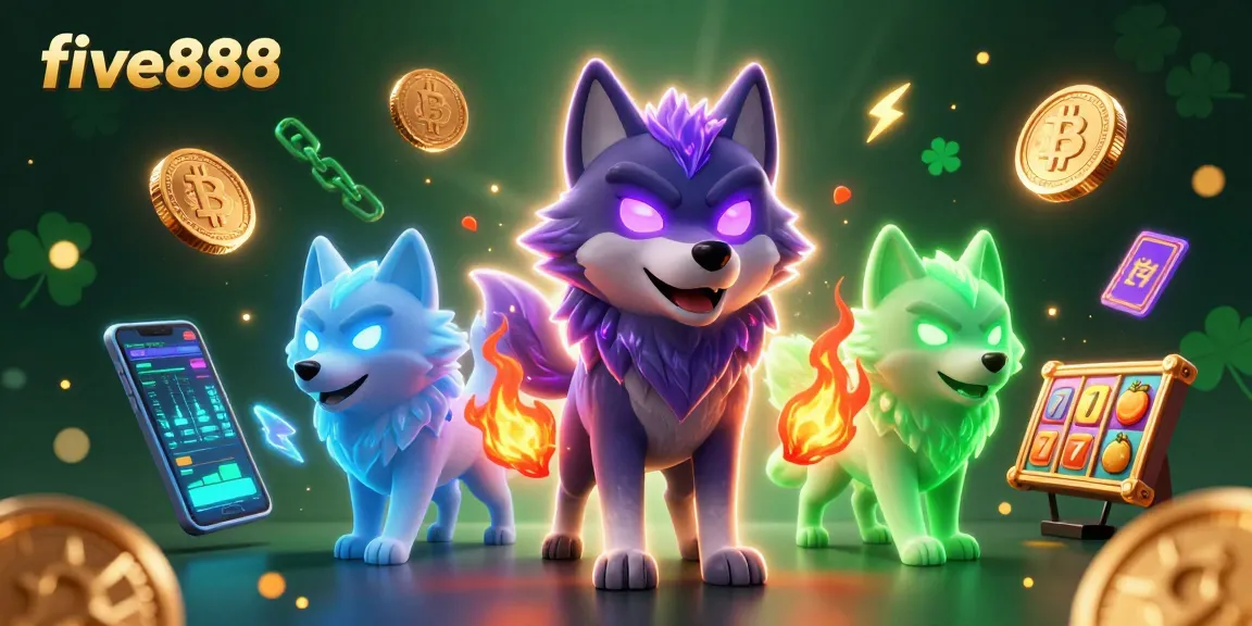 Experience thrilling gameplay with five888's captivating 3D casino illustration showcasing slot reels and crypto elements.
