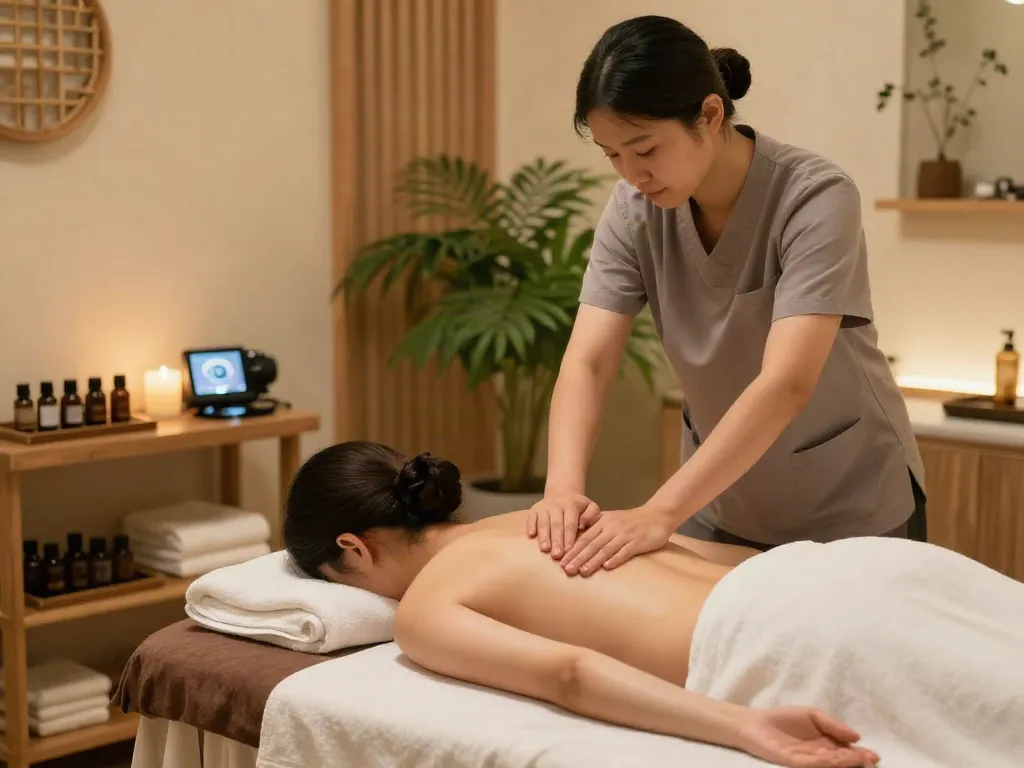 분당출장안마 massage therapy session in a peaceful spa setting with warm lighting.