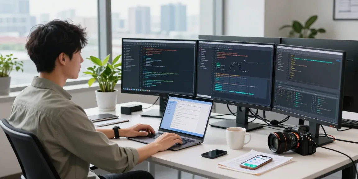 快连 software development workspace with coding monitors and app interface