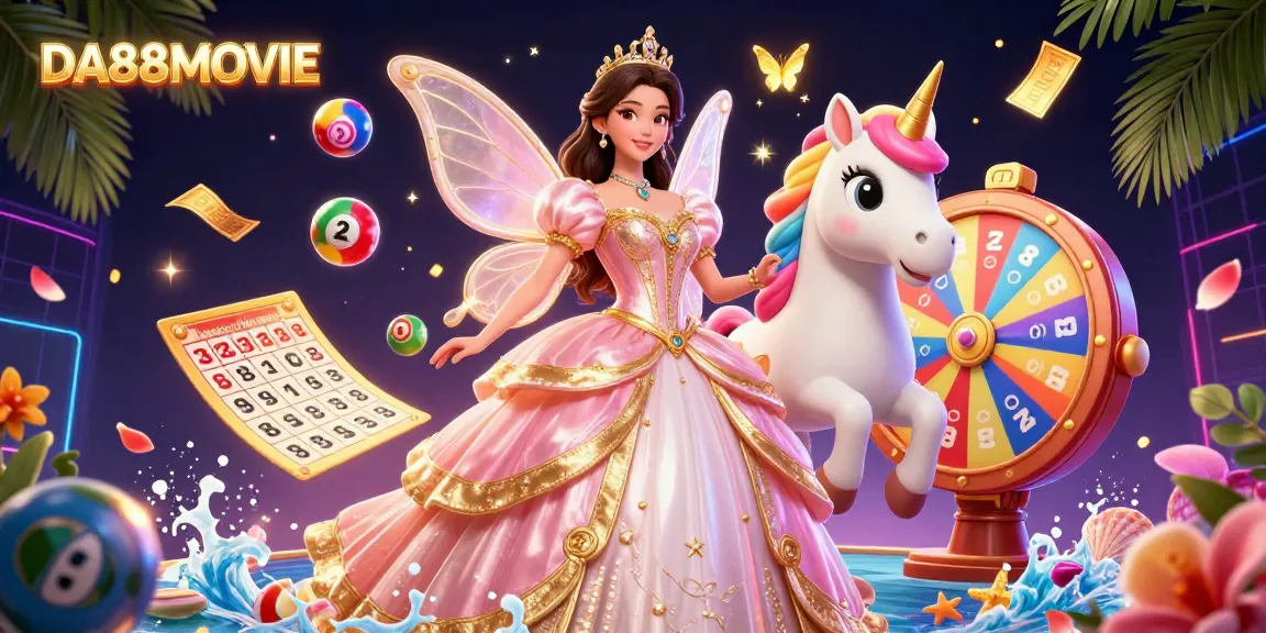 Experience excitement with DA88MOVIE's vibrant lottery scene filled with colorful elements and energetic characters.