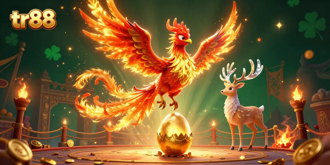 Experience thrilling adventures at tr88 with a dynamic scene of a phoenix and stag in a vibrant casino atmosphere.