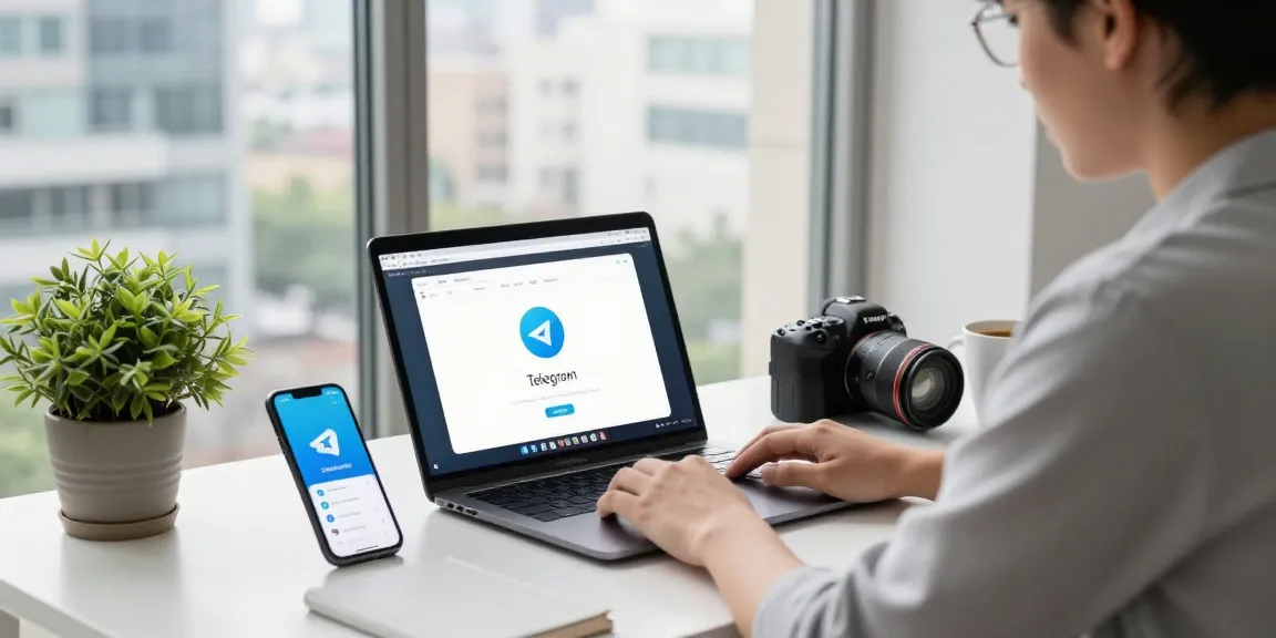 Seamless Telegram download experience in a modern home office setting with a laptop and smartphone.