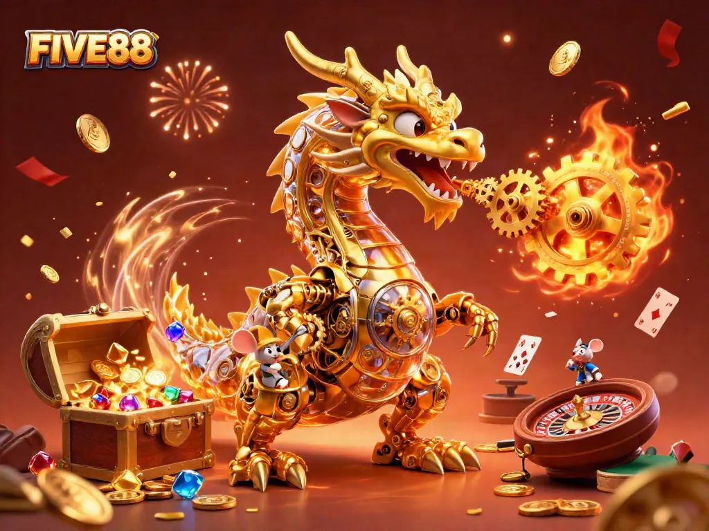 Experience dynamic FUN with FIVE88's captivating casino scene filled with a golden dragon and festive decorations.