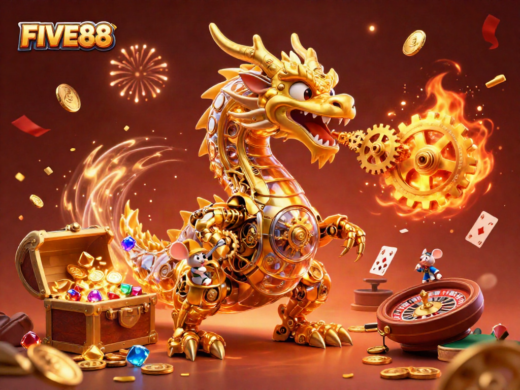 Experience dynamic FUN with FIVE88's captivating casino scene filled with a golden dragon and festive decorations.