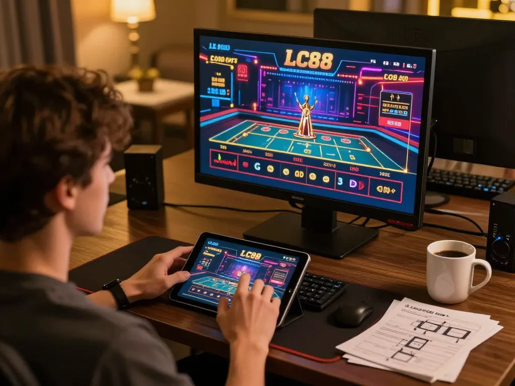Engaged user exploring gaming options on LC88 com in a cozy home office.