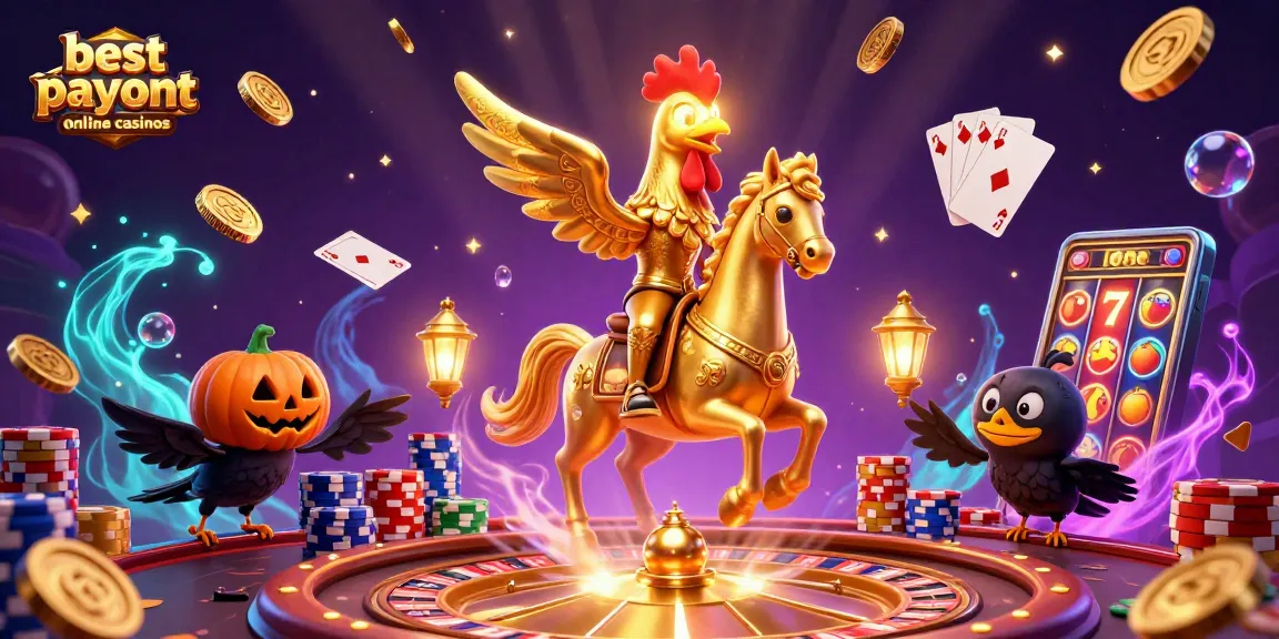 Experience the excitement of the best payout online casinos with a vivid illustration of a golden rooster and dazzling casino elements.