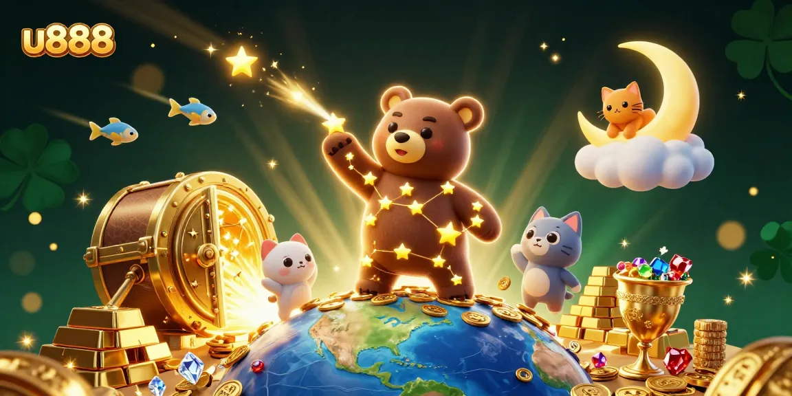 Engage in thrilling gaming at u888 with a vibrant constellation bear and rich treasure elements.