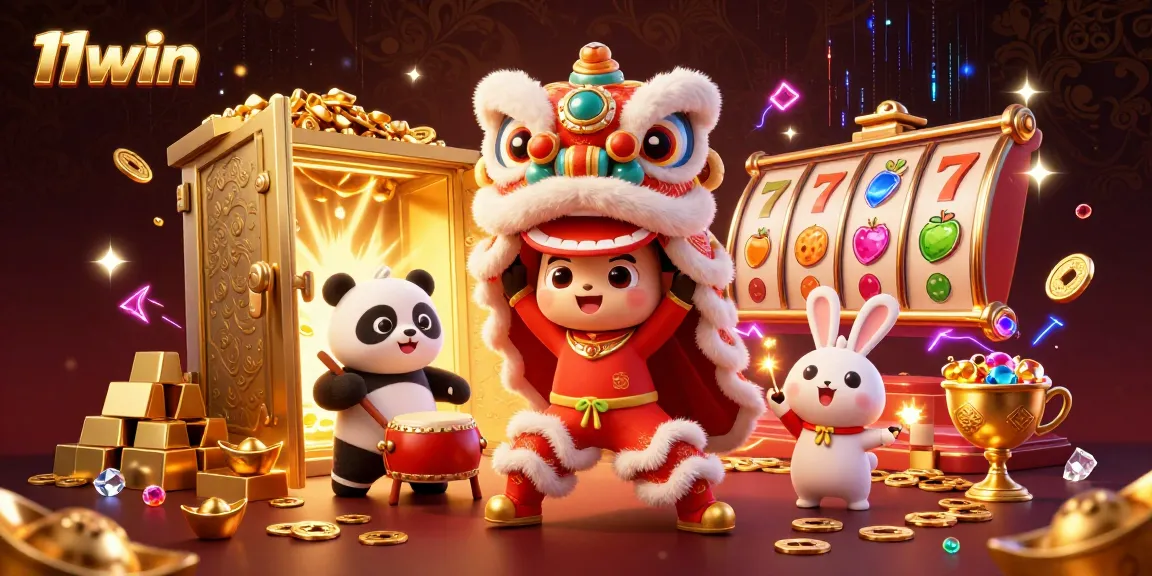 Experience thrilling wins at 11win with a vibrant slot game celebration featuring lions and treasures.