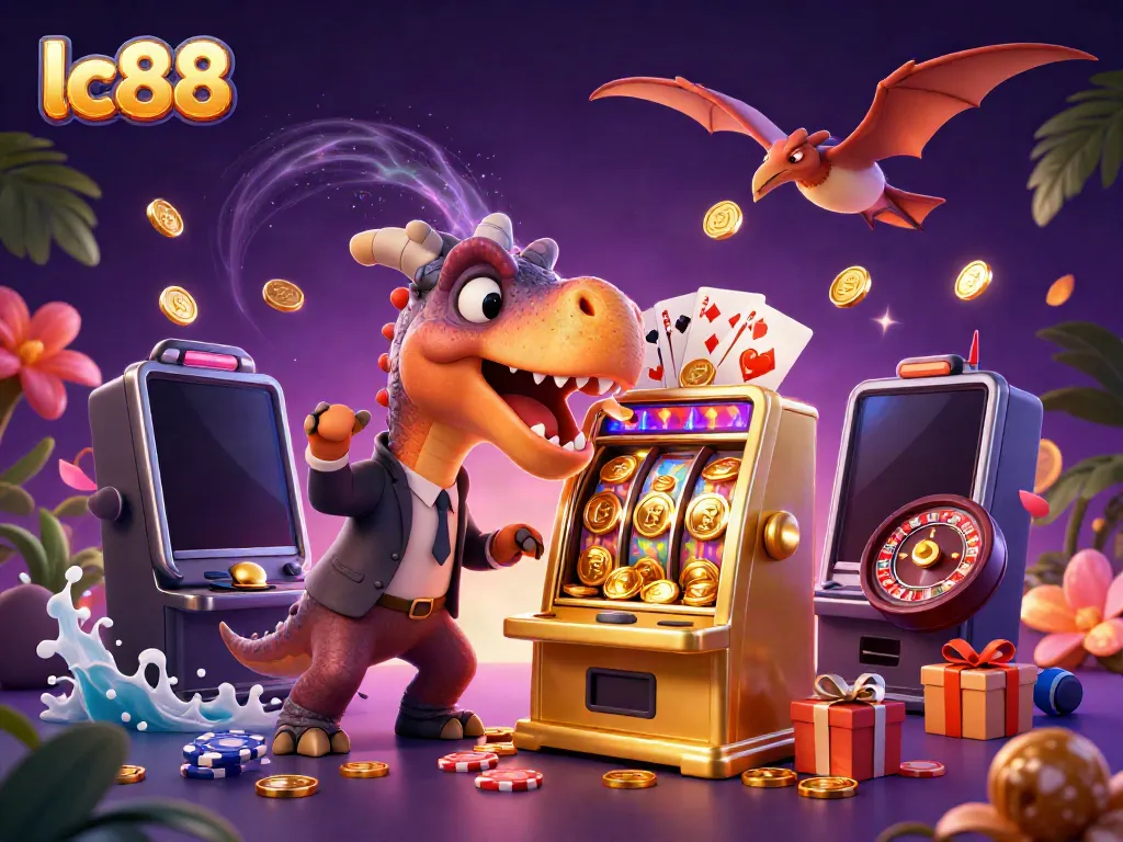 lc88 illustration of a pachycephalosaurus winning jackpots at a casino, exciting and colorful