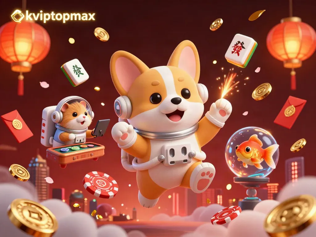 Experience the thrill of okviptopmax at a lively space station casino with a playful corgi and engaging elements.