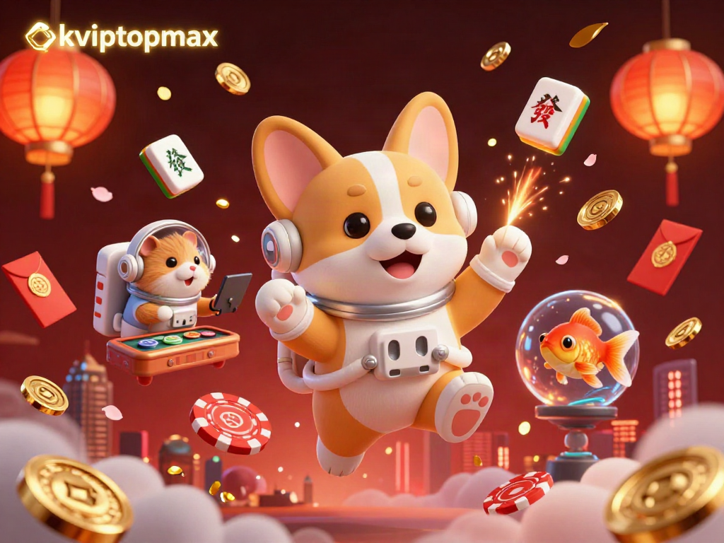 Experience the thrill of okviptopmax at a lively space station casino with a playful corgi and engaging elements.