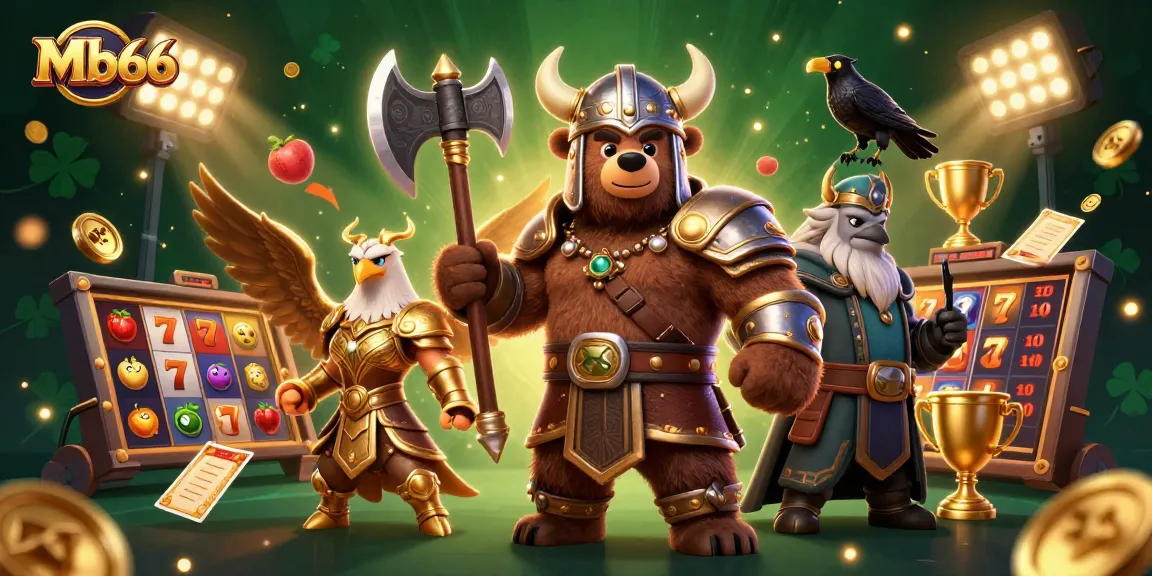 Spin the reels of Mb66 with a Viking and Valkyrie in a vibrant online casino illustration.