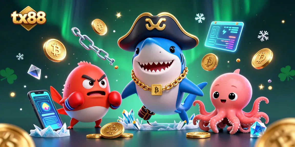 Experience endless fun at tx88 while interacting with a pirate shark, pufferfish, and cartoon octopus capturing gold coins.