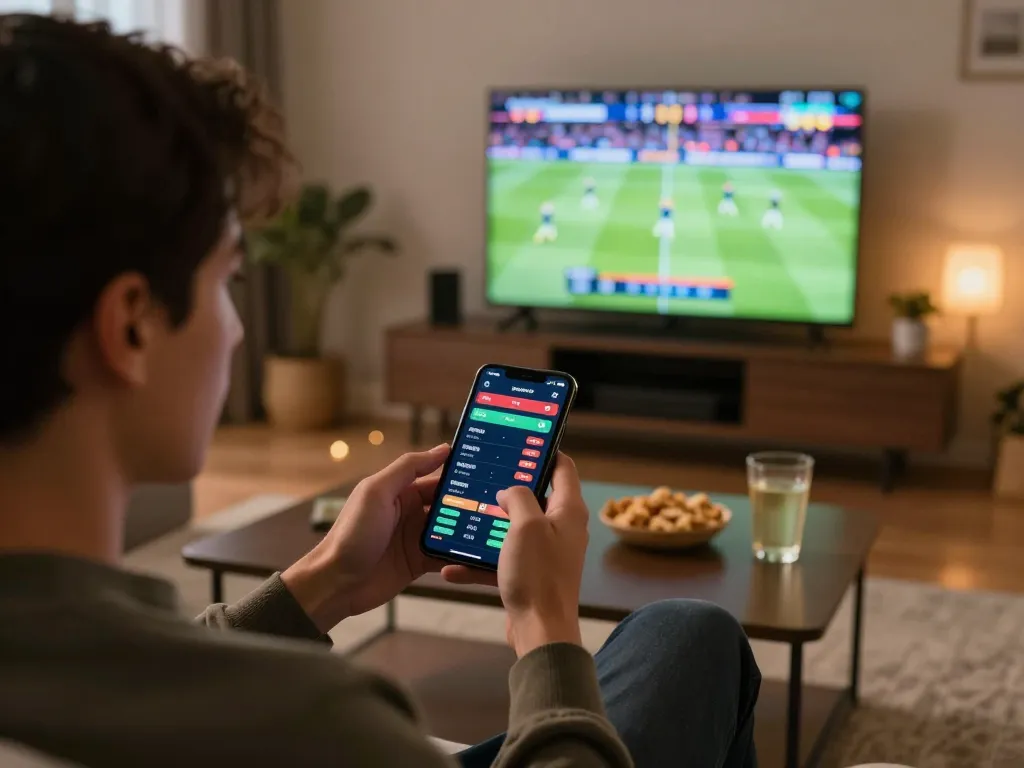 Excited player engaging in live betting on xin88, analyzing match odds on smartphone in cozy home setting.