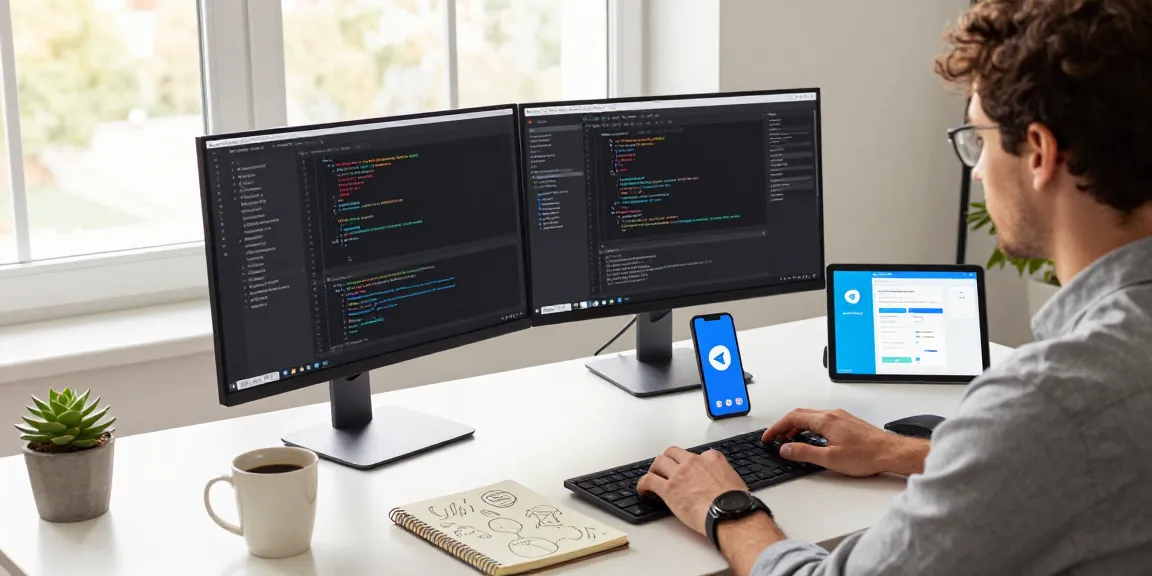 Efficient workspace featuring a programmer using Telegram下载 on multiple monitors with a creative ambiance