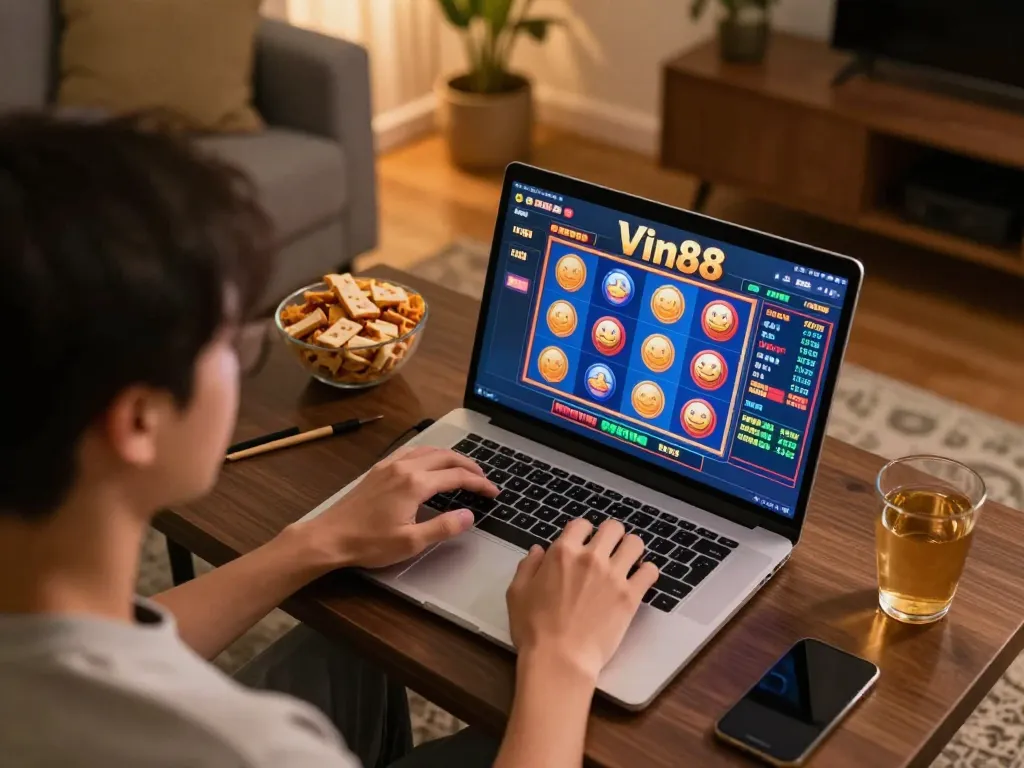 Engaging in Vin88 online casino gaming at home with vibrant slot interface.