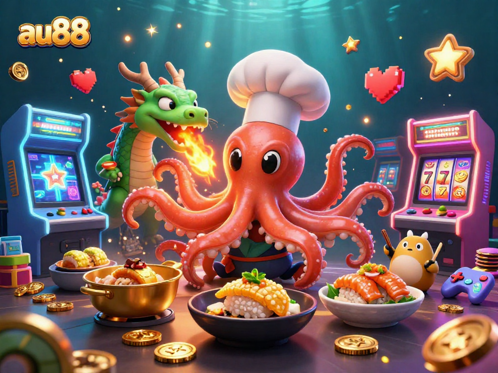 au88 slots and games come alive as a colorful dragon, octopus, and tanuki enjoy dynamic gameplay.