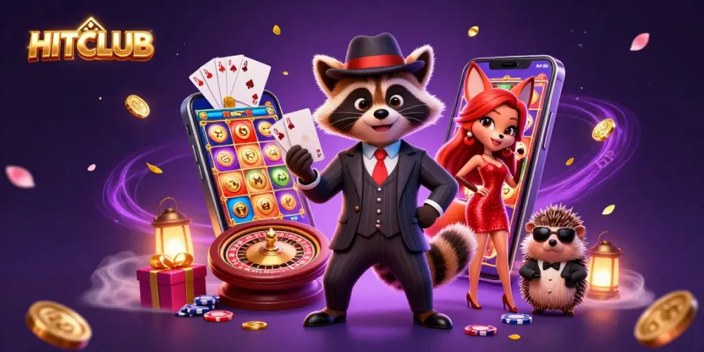 Experience the thrilling action at HITCLUB with a suave raccoon, a glamorous fox, and a bouncer, surrounded by casino elements.