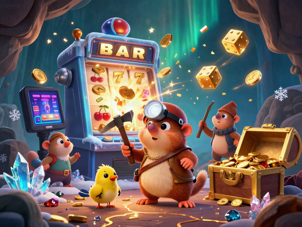 Experience thrilling wins at 8xbet88 with vibrant slot machines and a treasure hunter in a sparkling cavern.