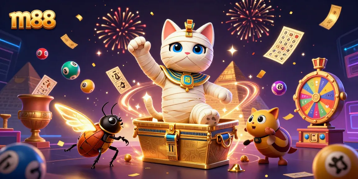 Experience excitement with m88 in a vibrant, dynamic casino scene featuring a mummy cat and treasures.