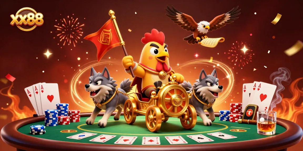 Engage with thrilling action at xx88 online casino, featuring a rooster warlord in a vibrant gambling scene.