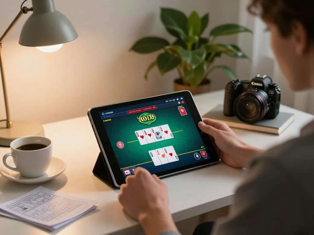 Sky88co player enjoying online poker in a cozy home setting with tablet and strategy notes.
