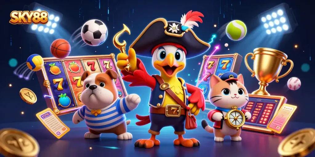 Engage with SKY88 at this vibrant casino scene featuring lively characters and slot machines.