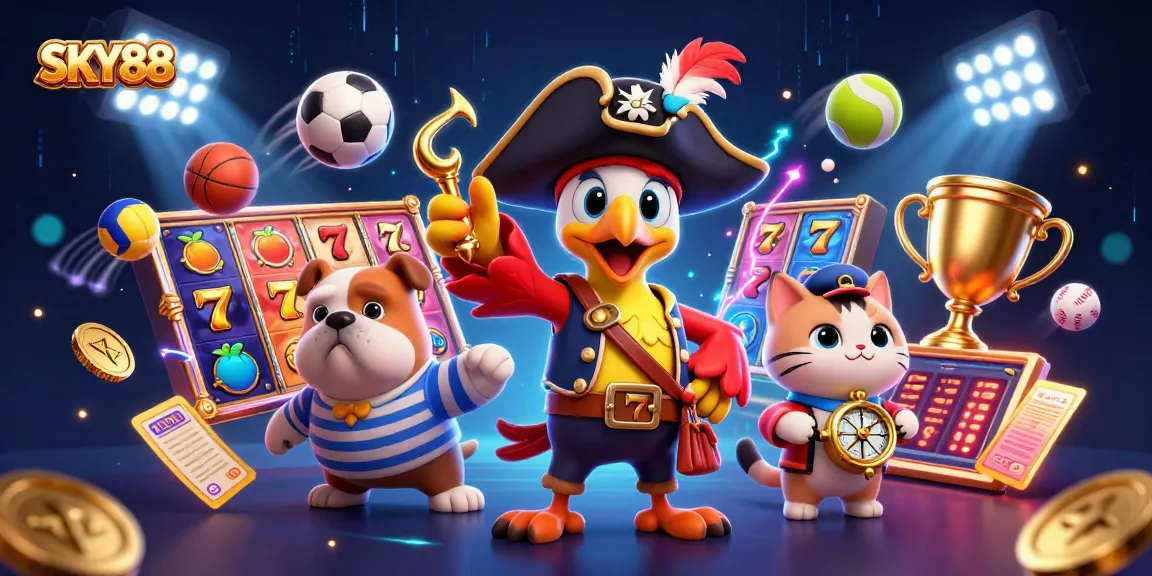 Engage with SKY88 at this vibrant casino scene featuring lively characters and slot machines.