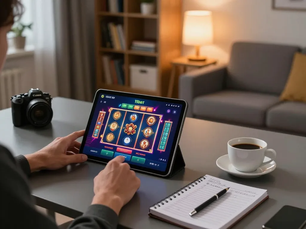 Player engaging with 11bet casino app on tablet, enjoying strategic gameplay in a cozy home setup.