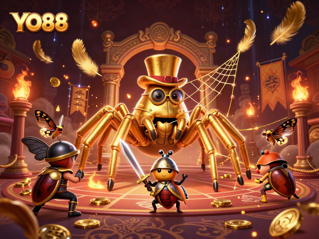 Engage with YO88 in a vibrant casino atmosphere featuring a golden tarantula and beetle knight.