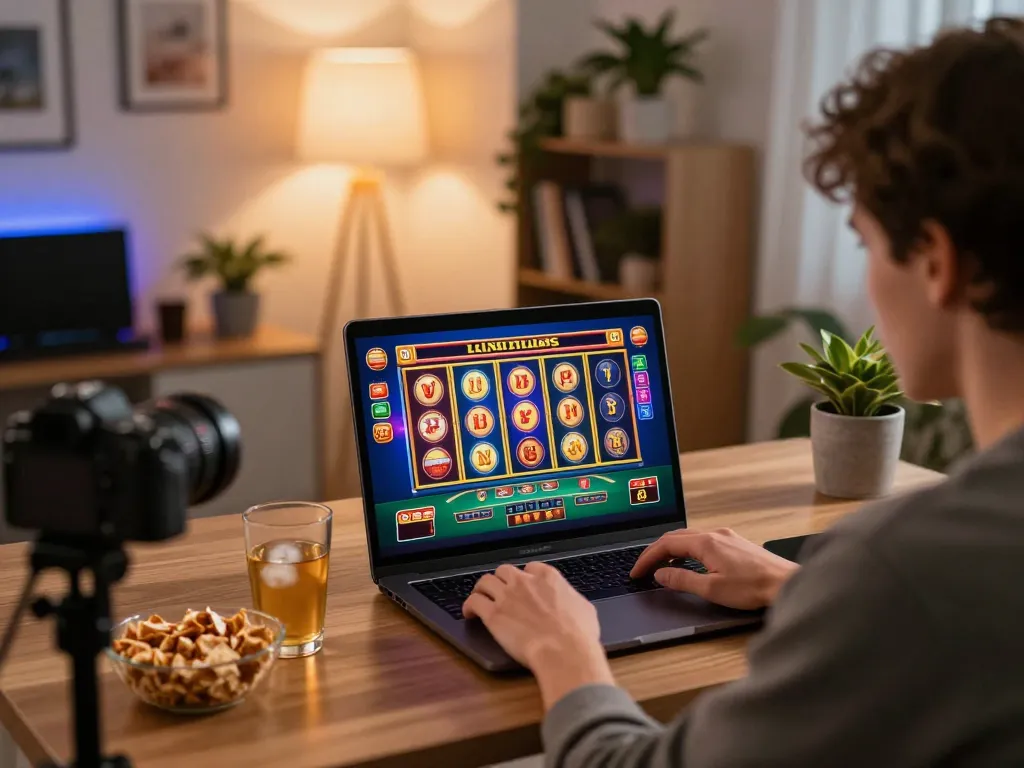 Engaging online casino gameplay with sunwingo player focused on laptop, colorful slots displayed.