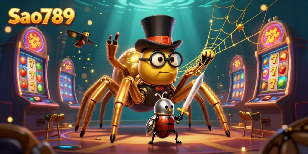 Sao789 showcases a vibrant 3D tarantula weaving golden threads amid dynamic slot machines.